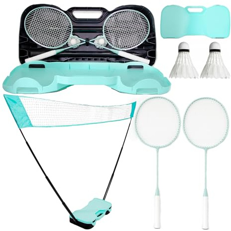 molti Badminton Set Portable mit Netz 2 Schläger und 2 Federbälle tragbare Koffer Net 3mx1,5m Federball All-in-1-Set Gartenspiel für Outdoor (Türkis)