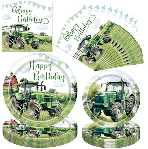 Traktor-Geburtstagsparty-Dekorationsset – 96-teiliges Auto-Geburtstagsdekorationen, einschließlich Traktor-Teller, Servietten, Geschirr, Papier, grünes Bauernhof-Geschirr für Kinder