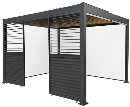 Metal Pergola 3m x 4m Anthracite Grey With 3 Retractable White Mesh Blinds 2 x Louvre Side Panels & LED Lights Tilting Canopy Roof Aluminium Outdoor Garden Gazebo Shelter Tools & Ground Bolts Included