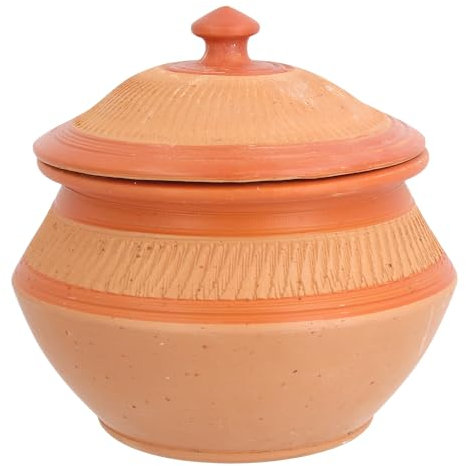 Clay Handi Earthen Pot with Lid Terracotta Biriyani Curry Balti Serving Pot Curd Handi Pot Deep Round Clay Indian Hand Made Traditional Mitti Pot Decorative (Brown, 1.25 Litre)