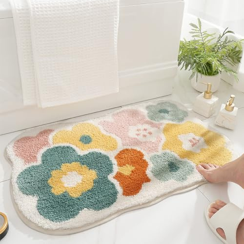 Loismood Florale Badematte, super saugfähig, rutschfest, maschinenwaschbar, gemütlicher Teppich für Dusche, Wohnzimmer und Balkon, 80 x 50 cm, Gelbe Blumen