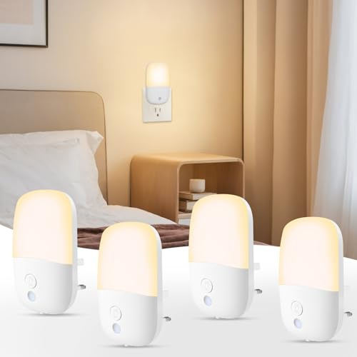 4 Pack LED Night Light Plug in Wall with Retractable Plug, 0.5W Dimmable Night Light with Dusk to Dawn Lights Sensor 2700K Warm White Kid Night Lights for Bedroom Hallway Stairs Kitchen