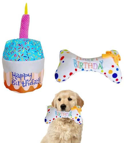 YceLon 2 Stück Hund Geburtstag Spielzeug Set, Weiches Quietschendes Hundegeburtstag Geschenk mit Plüschtorte & Knochen, Sicher für Welpen