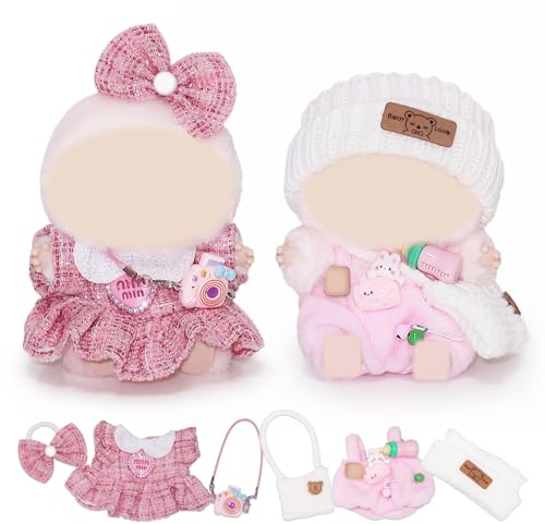 6pcs Doll Clothes for 17cm Dolls, Pink Plush Doll Outfit Accessories with Bow Hair Clip Skirt Hat Bib Pants Knitted Bag Camera Bag for Girls (No Doll)