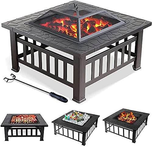 ZJFHEYUO Foyer extérieur 3 en 1 avec Protection Contre la Pluie, brasero carré en métal, Table, Chauffage, Barbecue, feu de Joie pour Jardin et terrasse