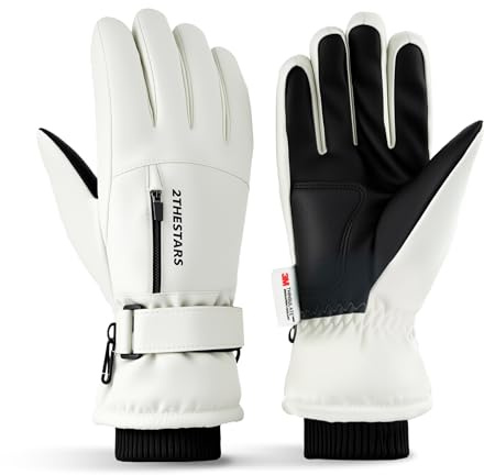 2THESTARS Winter Ski Gloves Waterproof Windproof Snow Gloves Thermal Warm 3M Thinsulate Touchscreen with Pocket for Men Women Cycling Hiking Outdoor Sports Work (White,Medium)