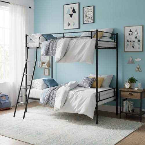 FurnitureR Lit Superposé en Métal Noir, Cadre Robuste avec Échelle Incluse et Protection Anti-Chute, pour Chambre d’Enfant, Ado ou Colocation Étudiante, 90 x 200 cm (Séparable en 2 Lits Simples)