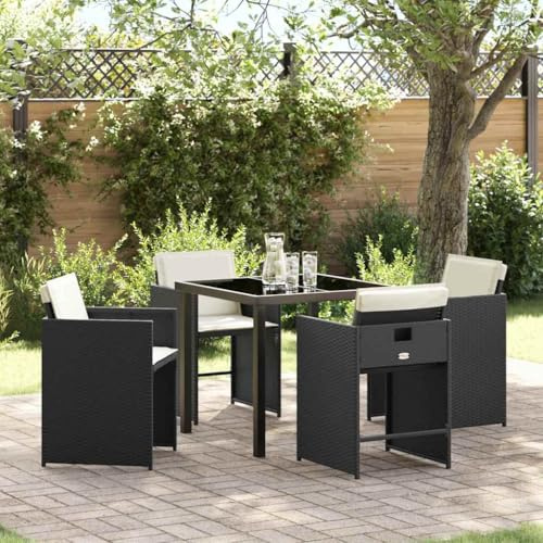 Teenpull Garten Essgruppe 5-teilig, Schwarz Poly-Rattan, Modernes Outdoor-Loungeset mit Tisch und 4 Stühlen, Langlebig für Terrasse, Balkon