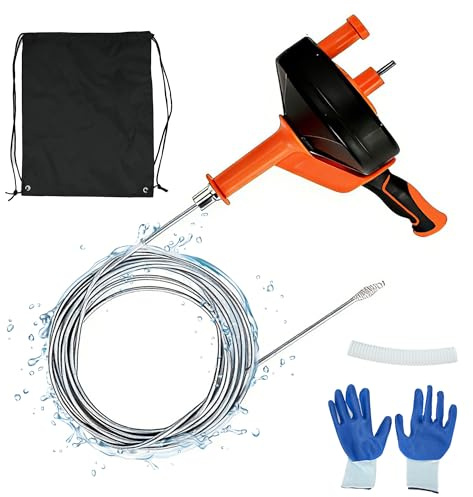 awagas Drain Snake with Drill Attachment, 10M/33FT, Manually or Powered Use | Flexible Plumbing Snake, Heavy Duty Hair Clog Remover Pipe Snake with Gloves and Storage Bag for Bathroom Sink Kitchen