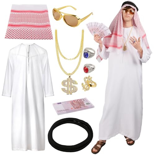 Tantanbear Scheich Kostüm Herren, Kostüm Scheich Araber, Araber Kos tüm, Arabisches Weißes Gewand mit Kopftuch, Finger Ring, Halsketten, Sonnenbrillen, Lustige Kostüme für Karneval, Party, Cosplay