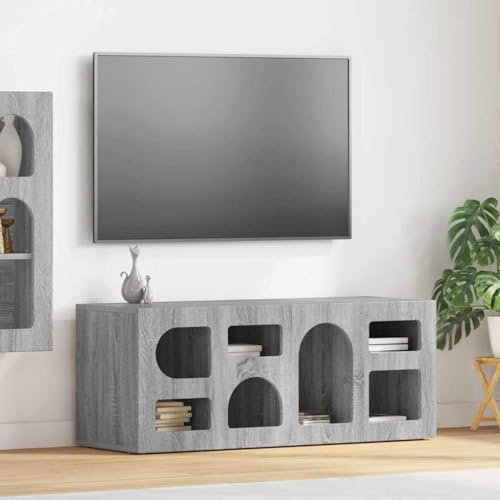 Bucmath Mobile TV Sonoma grigio in legno 100 x 35 x 40 cm, moderno centro intrattenimento con 7 ripiani, versatile per soggiorno, camera da letto, robusta console TV