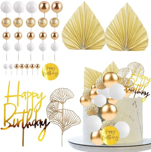 Champagne Rose Cake Decorations Balls, 32pcs Cake Decorationn Gold Gingko Leaves, Paper Fan Cake Decorations Cake Decorationi Boho White Gold Ball for Birthday Wedding (Gold & White)