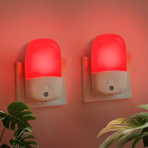 2 Stück Nachtlicht Steckdose Rot mit Dämmerungssensor Rotes Nachtlicht Baby | Helligkeit Dimmbare Nachtlicht mit ON/OFF/AUTO Modi, Night Light für Kinderzimmer, Treppe, Flur, Schlafzimmer, Küche