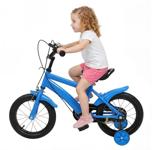 yunaoii Barncykel, 35,6 cm, blå, med justerbar styr- och sadelhöjd, med stödhjul för nybörjare, lämplig för pojkar och flickor