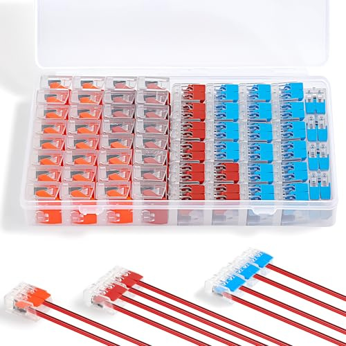 60 Pezzi Morsetti Elettrici, Terminali a Collegamento, Connettori per Cavi Elettrici, Connettore Elettrico con Leva e Ottone Morsetti Elettrici, Accessori di Collegamento Alta Qualità（Rosso/Blu/Aranc