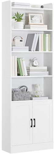 Yaheetech Libreria Verticale a 7 Ripiani, Libreria Scaffale con Armadietto a 2 Ante e 2 Ripiani Regolabili, per Camera da Letto, Studio, Soggiorno, Ufficio, 60 x 24 x 183 cm, Bianco