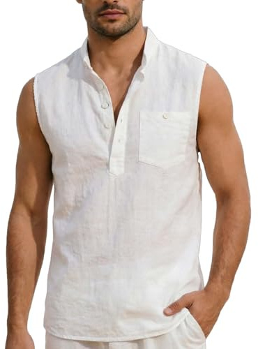 ATRACTIVOLL Camiseta Tirantes Hombre Camisa de Lino Hawaianas Playa Camiseta sin Mangas Henley Transpirable Camiseta Básica Tank Top Tiempo Libre Deporte Chalecos con Bolsillo Gym Gimnasio Fitness