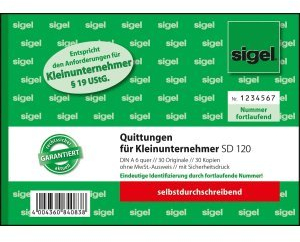 Sigel 5 x Formularbuch Quittung A6 quer ohne MwSt. Ausweis SD VE=2x30 Blatt nummeriert
