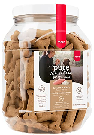 MERA Pure Sensitive Goody Snack, gesunde Leckerlis für Sensible Hunde, Hundeleckerli aus Truthahn und Reis, Hundesnack glutenfrei zum Training (600g)