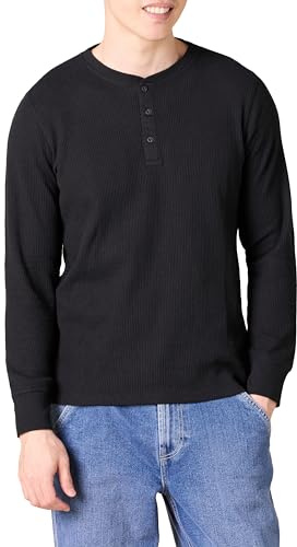 Amazon Essentials Haut Henley Tissu Nid d’Abeille à Manches Longues Coupe Ajustée Homme, Noir, M