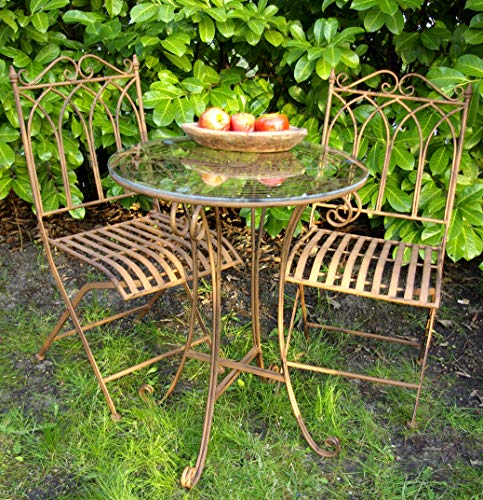 GeKi Trend Edles Bistroset Balkonset Bistrotisch mit 2 Stühlen und Glasplatte Outdoor Metall Eisen Vintage Bistro Set Antik 3 teilig