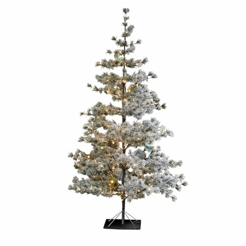 Loberon Weihnachtsbaum Sapi, Christbaum mit LEDs, Kunstschnee-Beflockung, natürliche Nadelbaum-Optik, Festliche Deko-Tanne, Weihnachtsdeko, Weihnachten, Eisen, PVC, Baumwolle, grün/weiß
