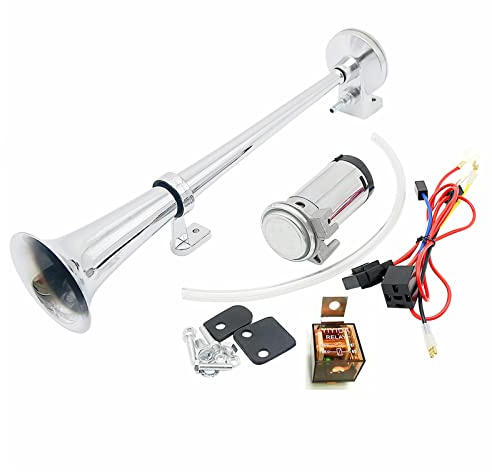 YIYIDA Air Horn Lufthorn 24V Autohupe 150dB Silber 45cm Lautsprecher Chrom Zink Single Trumpet mit Kompressor Luftpumpe für alle 24V Autos LKW Zugboot Motorrad