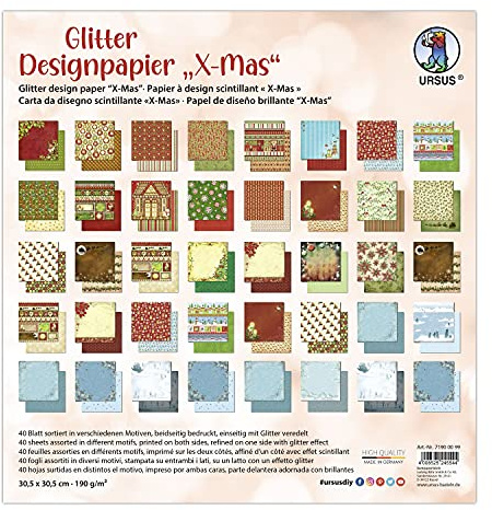 Ursus 71900099 - Glitter Design-Papier X-Mas, Mix mit 40 Blatt beidseitig bedrucktem Motiv-Papier, 190 g/m², 30,5 x 30,5 cm, Vorder- und Rückseite jeweils unterschiedlich bedruckt