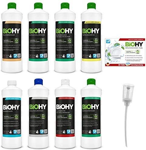 BiOHY Rengöringsmedel kombiset med doserare och diskmaskinstabletter (8 x 1 L) | för alla användningsområden | kraftfull och effektiv | 100 % veganskt rengöringsmedel utan skadlig mikroplast