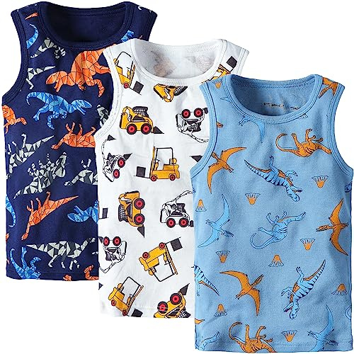 Adorel Jungen Unterhemden Baumwolle Ärmellos Tank Top Unterwäsche 3er-Pack Bagger und Dinosaurier 116 EU (Herstellergröße 130)