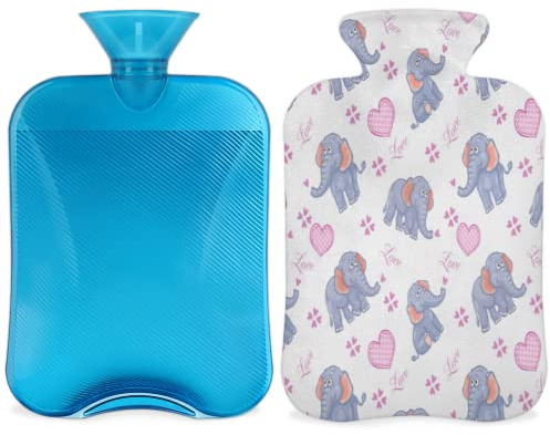 2L Wärmflasche mit Bezug zur Schmerzlinderung Cartoon Elefant Liebe Herz Wärmbeutel PVC Eis- und Wärmbeutel für Kälte- und Wärmetherapie/Menstruationskrämpfe, Füße/Handwärmer