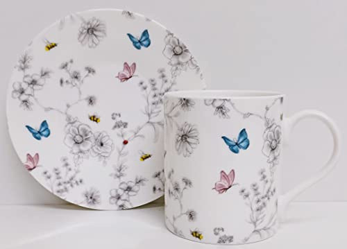 Secret Garden Large Mug & Saucer Set Fine Bone China Floral Butterflies Bees 14 fl oz 400 ml Cup and Matching Plate