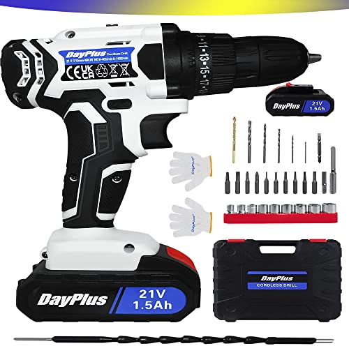 Akkuschrauber Set Akkubohrer 21V Akkuschrauber mit 1 Akkus Bohrschrauber 45Nm Akku Schrauber, 2 Geschwindigkeitsstufen Professional Akkubohrschrauber Akku Bohrmaschine 29Pcs Zubehoer, LED Arbeitslicht