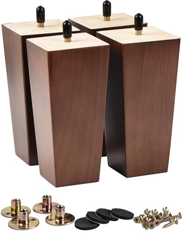 La Vane 25cm Massivholz Pyramide Möbelfüße mit M8 Bolzen 4 Stück Walnuss | 20%+ größere Standfläche, höhere Tragkraft (60kg/Bein). Gummiholz, M8 Platten.Einfache DIY Montage für Sofa, Bett, Schrank