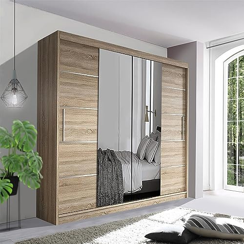 Track-D Modern Bedroom Sliding Wardrobe - Ample Storage Space and Sleek Design comes in White/Grey/Black/Oak and Width 150cm/180cm/203cm/250cm (Oak, 203cm)