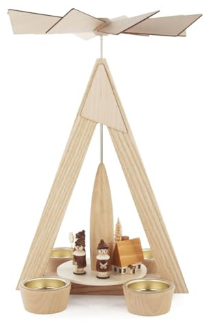 Rudolphs Schatzkiste Tealight Pyramid Village Seiffen and Kurrende Nature W x H x D 20 x 29 x 20 cm Wooden Pyramid Table Decoration Christmas Heat Game Lights Figure Precious Wood Seiffen Ore