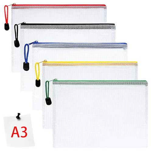 Vicloon Dokumententasche A3, Mesh Plastic Zip Bag(Dunkler Zipper, 5 Stücke) | wasserdichte Dokumententasche mit Reißverschluss, Mesh Beutel Reißverschluss Datei Zipper Tasche Reißverschlusstaschen