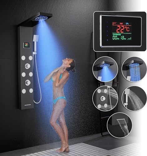 KEOKBON No Need Battery LED Shower Panel Tower System with Temp & Shower Time Display, 5 Massage Modes - Rainfall, Mist Shower 6 Body Jets Angle Adjustable Hand and Tub Spout-Stainless Steel Black