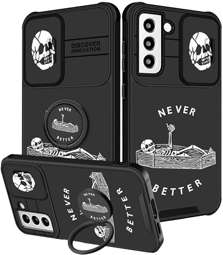 VincitoreModa for Samsung Galaxy S21 Case Women - [2in1] Girls Cute Skeleton Skull Phone Cover Ring Holder Stand Girly Teens Unique Cool Aesthetic Slide Camera Cover Design for Samsung S21 Case 6.2