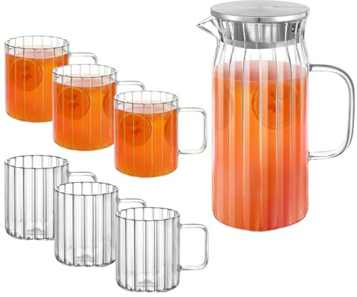 Wilmax | Glaskaraffe 1L mit 6 Wassergläser 300ml im Set | Deckel aus Edelstahl | Wasserkaraffe aus geriffeltem Glas | Wasserkrug für Saft, Wasser, Eistee, Milch | Glaskaraffe | Wasserkanne
