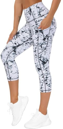 THE GYM PEOPLE Women's High Waistd Capri 3/4 Length Yoga Leggings with Pockets,Tummy Control Yoga Pants for Ladies Sports Running, Marble, XXL