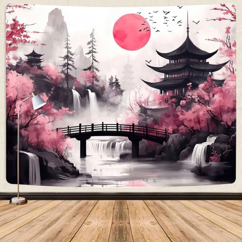 Japanese Anime tapestry, Cool Japan Cherry Blossom Floral Mountain Waterfall Sun Asian Oriental Abstract Ink Art tapestry, Black Pink Nature Landscape Tapestries for Living Room College Dorm, 80X60IN