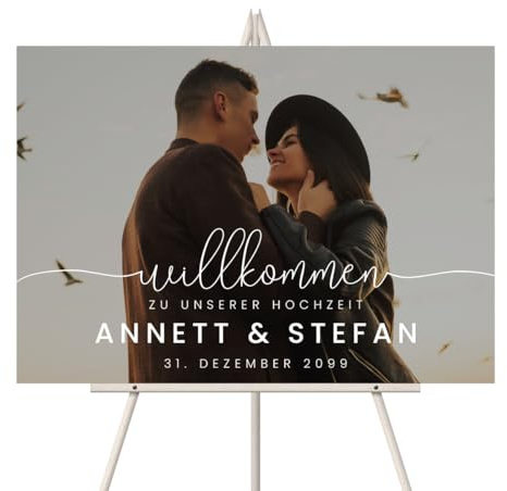 Personalisiertes Foto Willkommensschild zur Hochzeit, Größe wählbar: DIN A3, A2 oder A1 - Minimalistisch Design - mit intensivem UV-Druck mit Ihren Namen, Datum und Text, 3mm Dick