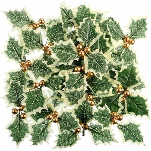 50/5 pezzi di foglie di agrifoglio di Natale, bacche rosse artificiali, fiori fai da te, ornamenti per ghirlande di Natale per la casa, decorazioni di Natale e Capodanno, bacche dorate, 5 pezzi