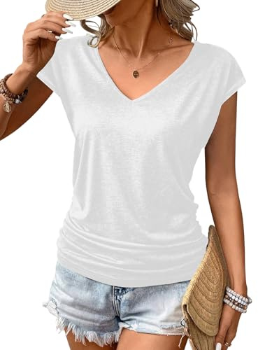 Zeagoo Damtopp, sommartoppar, ärmlös skjorta, V-ringad, linne, vingärmar, t-shirt, basic, stretch, toppar med veck, S–XXL, Vit, L