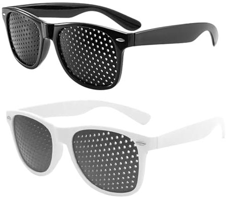 SHPUJUN 2 Pezzi Occhiali Stenopeici per Allenare la Vista, Pinhole Glasses Nero e Bianco in Materiale PC con Fori Stenopeici Certificati, Occhiali a Griglia per Cura della Vista e Antiurto