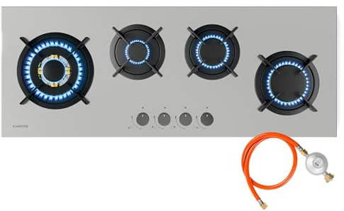 Klarstein Goldflame 4 Slim Gaskochfeld, 4 Messingbrenner, 3,4kW, 2,4kW, 1,8kW, 1kW, SnapJet-Zündung, Flammenausfallschutz, Gasherd mit Gusseisenkreuze, Edelstahl, Inkl. Schlauch & Druckminderer