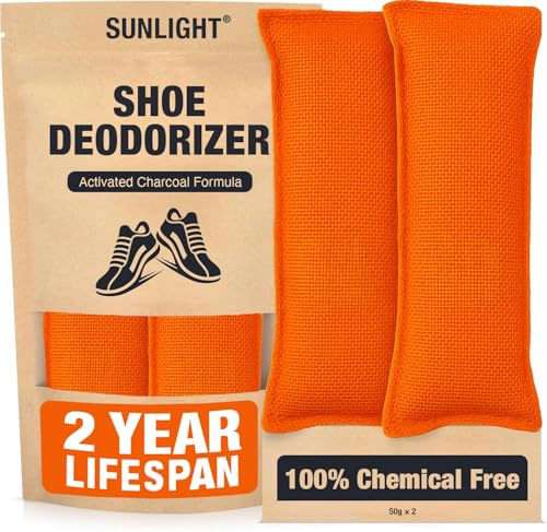 Sunlight® Shoe Deodorizer, Activated Charcoal Odor Absorber Bags, Chemical Free Odor Eaters for Shoes, Shoe Smell Remover Inserts, (50g, 2 Bags)