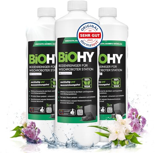 BiOHY Nettoyeur de sol pour robot laveur Station avec parfum printanier (3 x 1 litre) | Nettoyant concentré pour tous les types de balai et robot aspirateur avec fonction humide | Faible mousse et