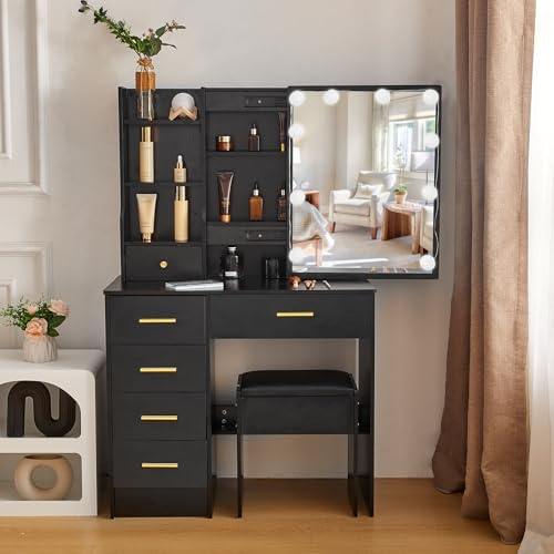 Buildonely Schminktisch mit Spiegel und LED Beleuchtung, 3 Farbtemperaturen und Einstellbare Helligkeit, Frisiertisch mit 1 Hocker, Modern, Schwarz, 36 x 80 x 131 cm (2 Griffsets)
